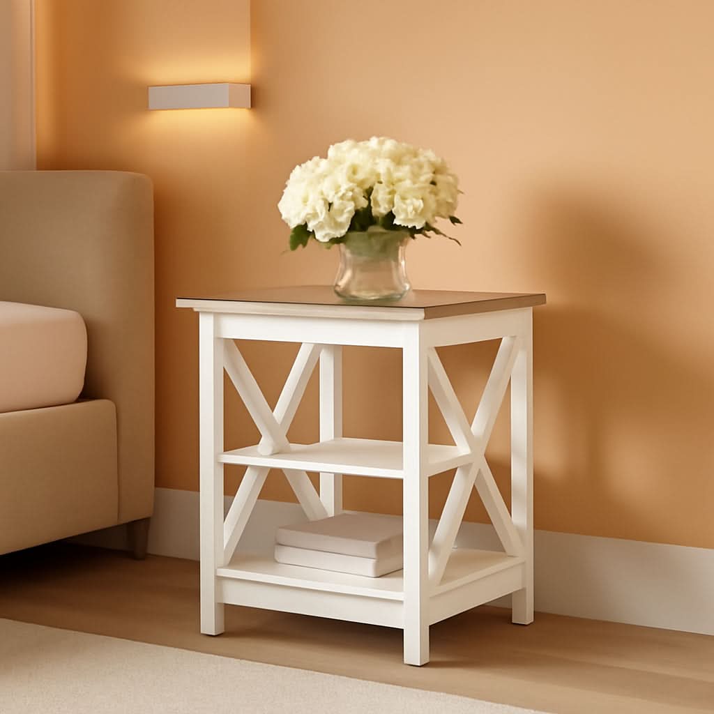 Rustic Ivory End Table Set Of 2 With Shelves 23.6 Inch-0
