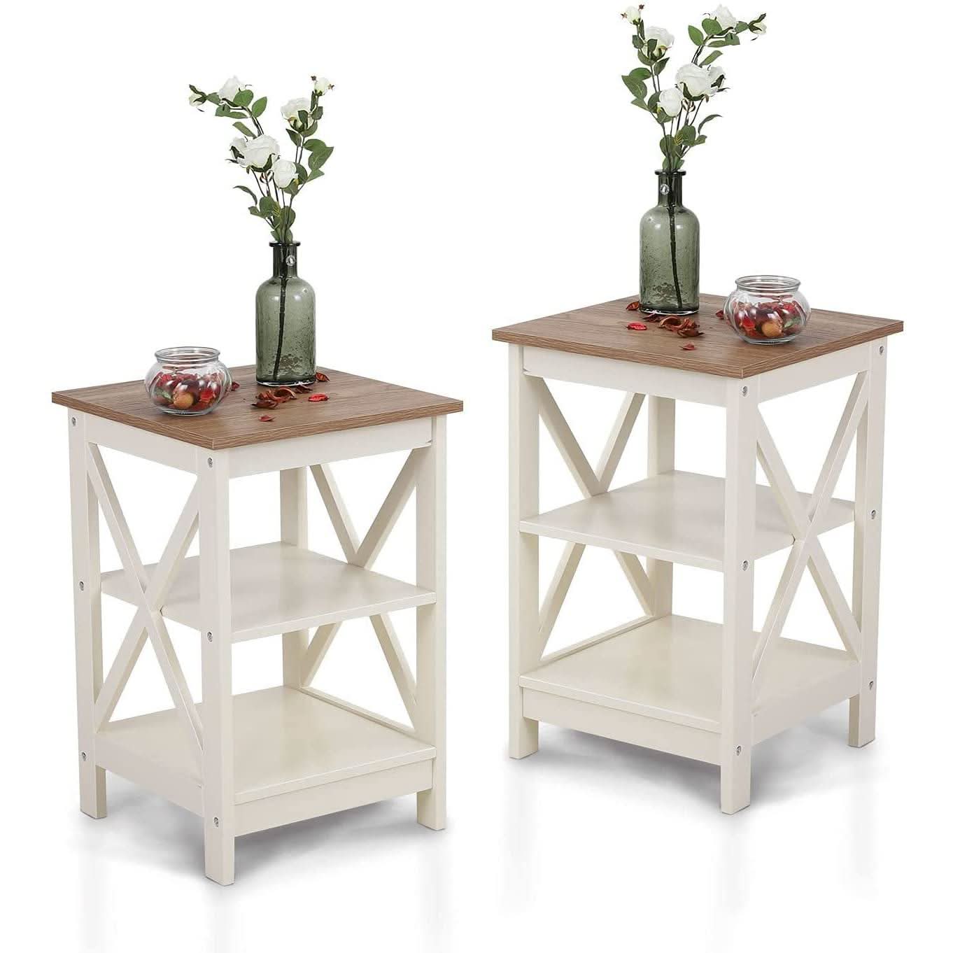 Rustic Ivory End Table Set Of 2 With Shelves 23.6 Inch-1