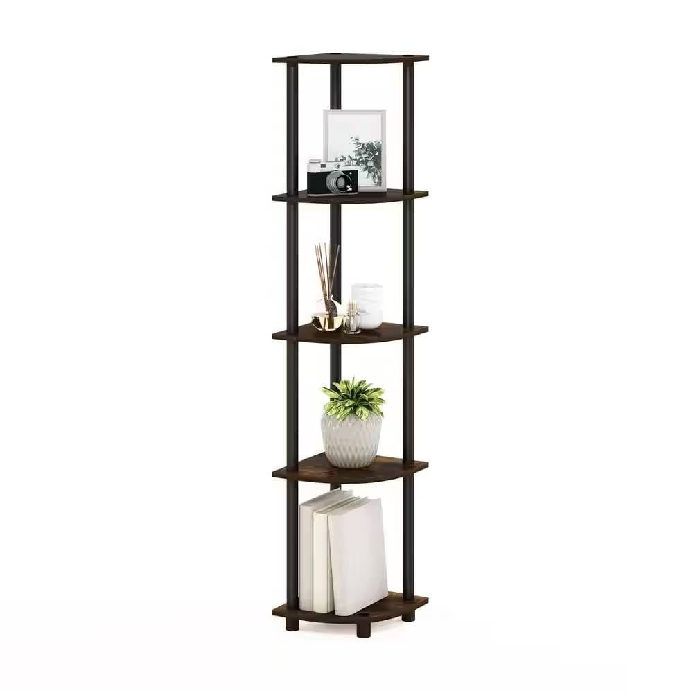 5-Shelf Modern Corner Bookcase in Black Brown Wood Finish-1