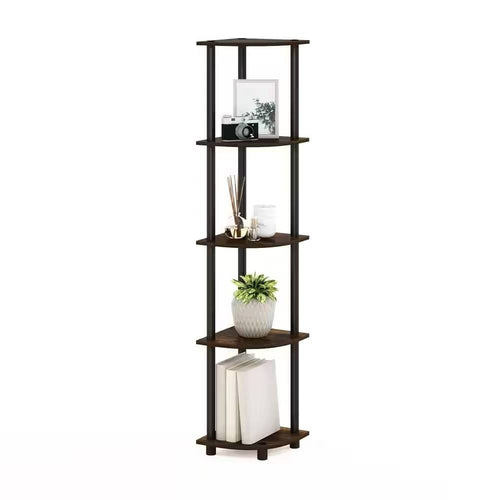 5-Shelf Modern Corner Bookcase in Black Brown Wood Finish-1
