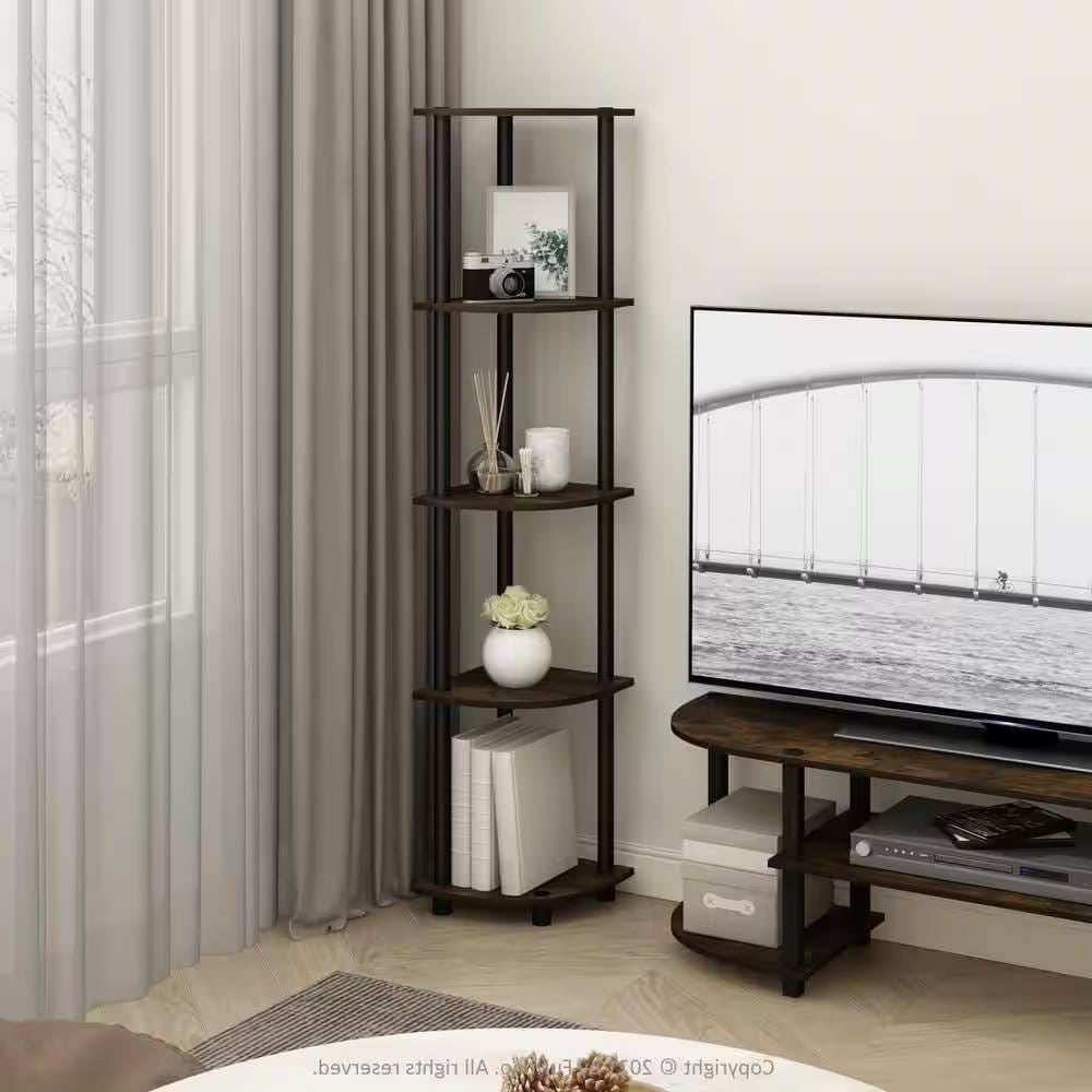 5-Shelf Modern Corner Bookcase in Black Brown Wood Finish-2
