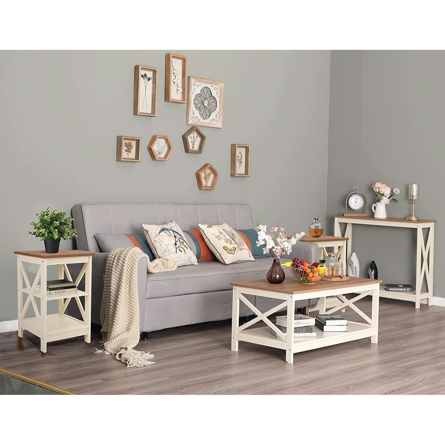 Rustic Ivory End Table Set Of 2 With Shelves 23.6 Inch-4